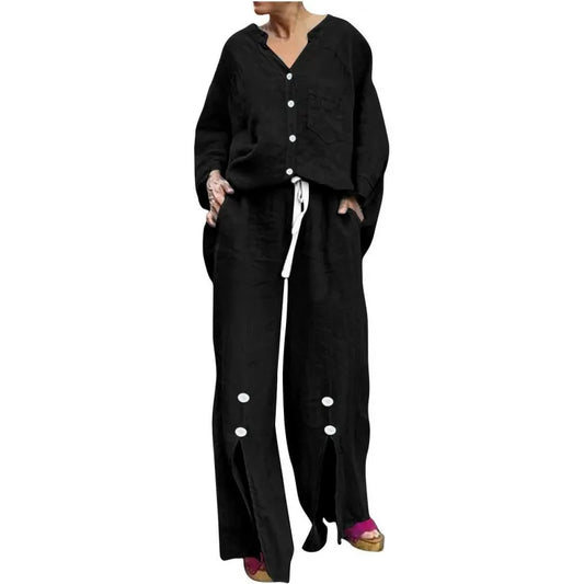 WW | Satz mit Strickjacke und Weiten Hosen Lockerer Schnitt V-Ausschnitt Weicher Baumwollmix