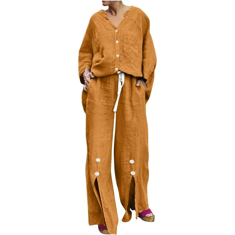 WW | Cardigan and Wide Leg Trousers Set Relaxed Fit V-Neck Soft Cotton Blend