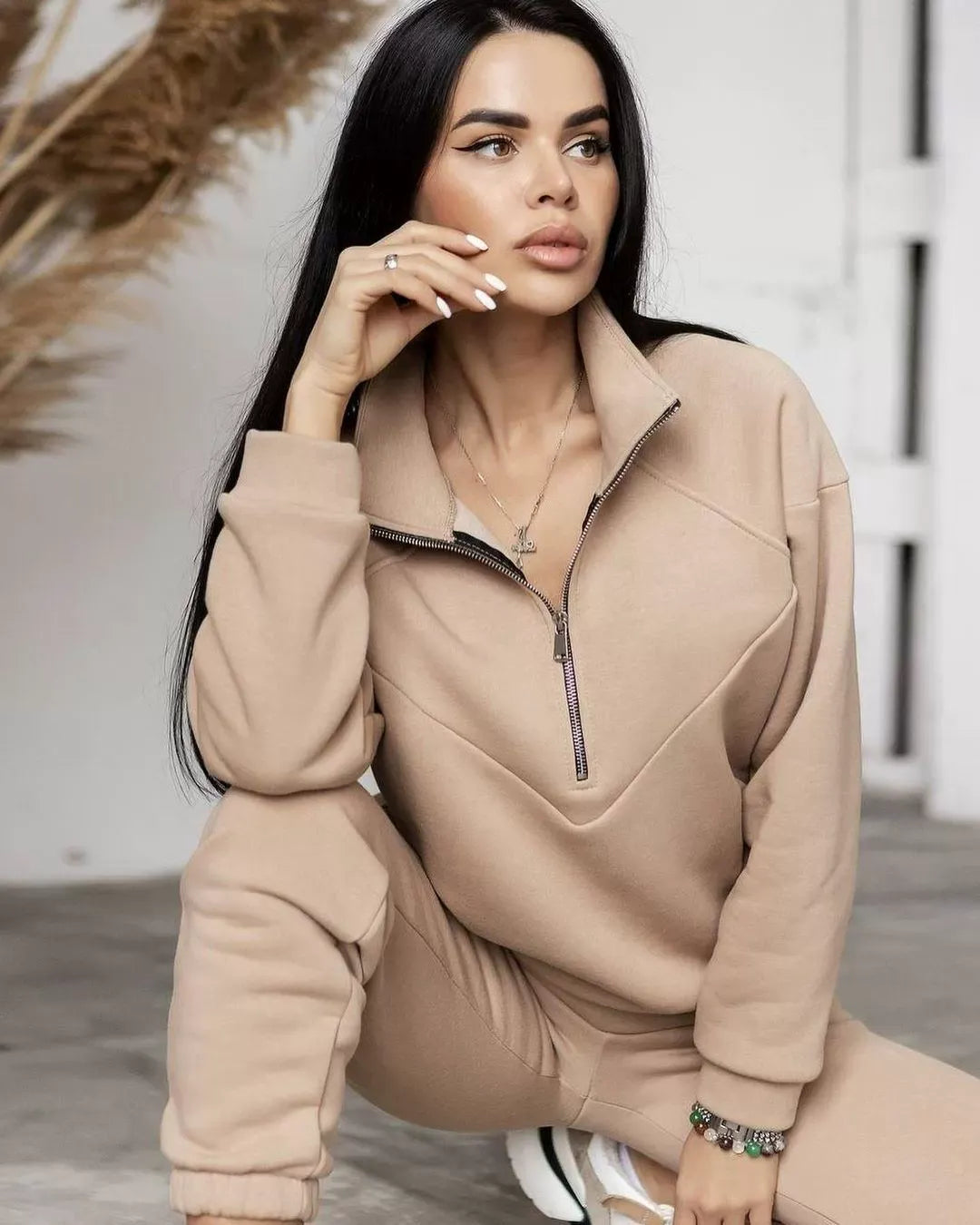 WW | Loungewear Satz Fleece Lockere Passform Kapuzenpullover mit Halbem Reißverschluss Jogginghosen