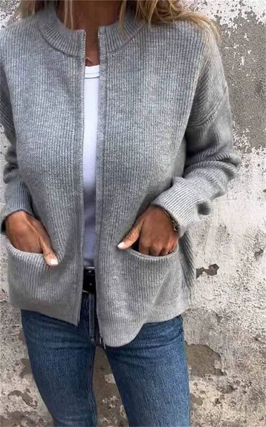 WW | Loose Fit Rib-Knit Stand-Up Collar Zipper Casual Style
