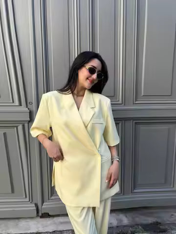 WW | Blazer Loose Fit Half Sleeve Cotton Lapel Button Front