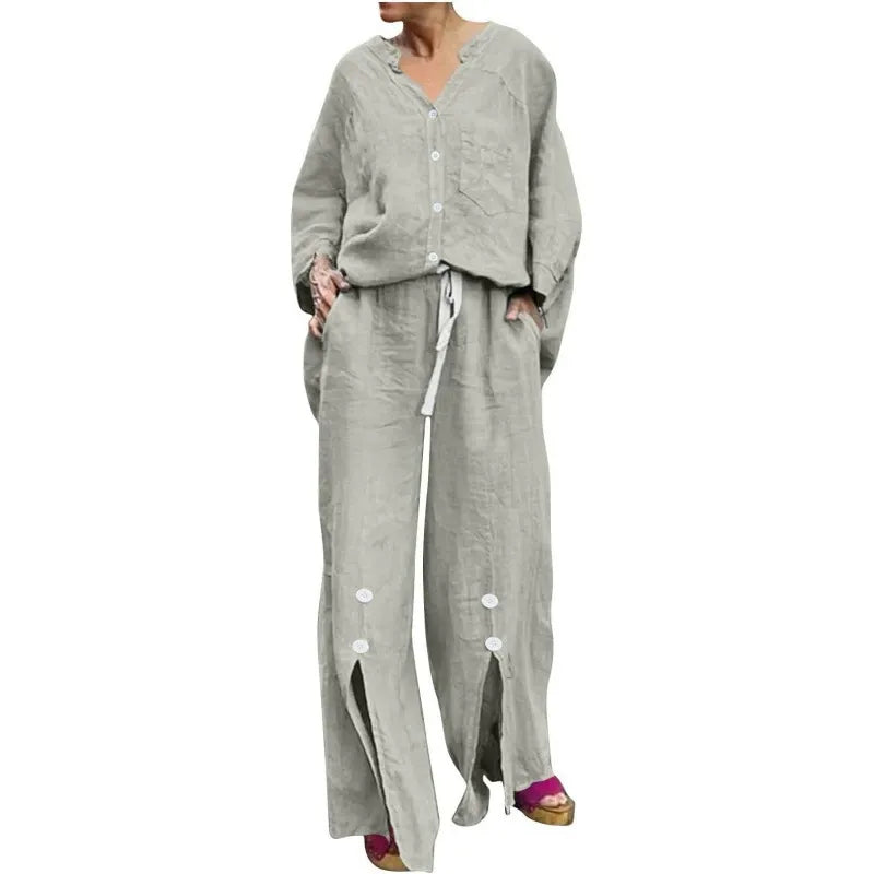 WW | Cardigan and Wide Leg Trousers Set Relaxed Fit V-Neck Soft Cotton Blend
