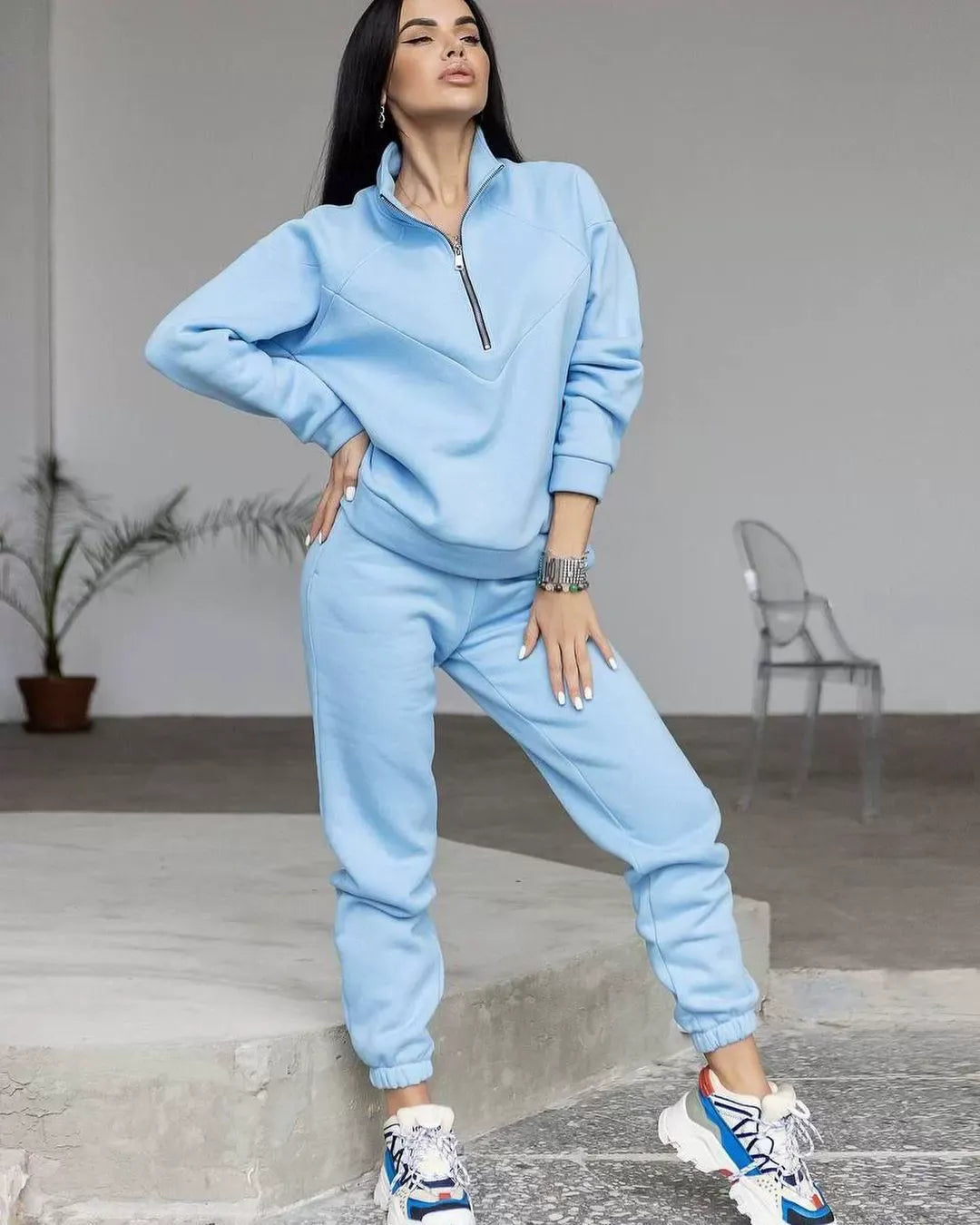 WW | Loungewear Satz Fleece Lockere Passform Kapuzenpullover mit Halbem Reißverschluss Jogginghosen