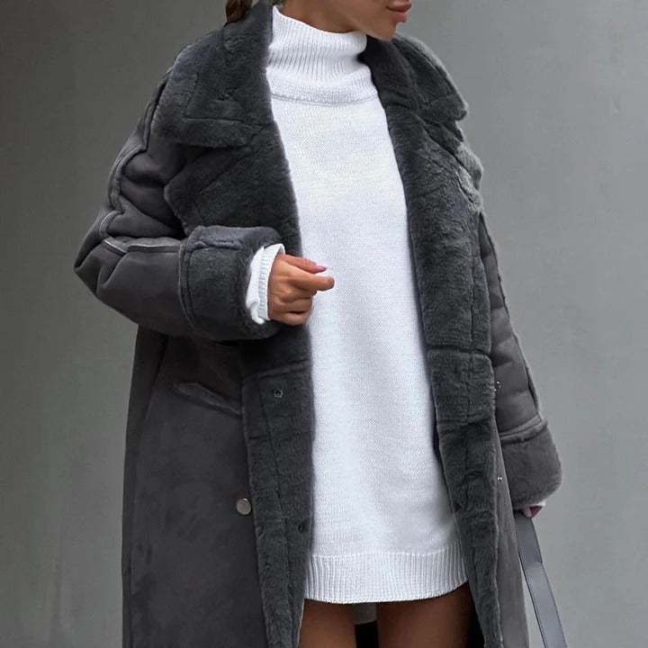 WW | Damen Oversized Fake-Lammfelljacke knielang