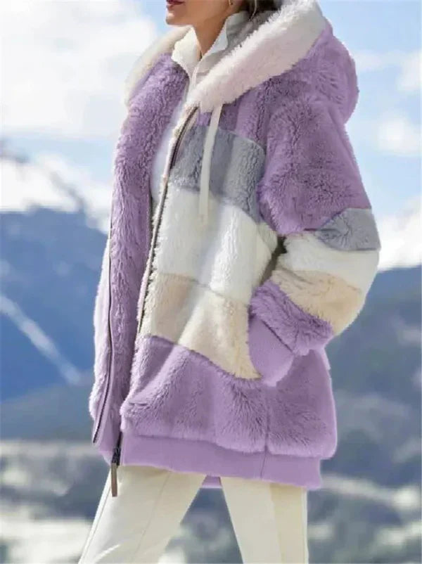 WW | Damen Kapuzenjacke – Oversized Passform – Plüsch Kunstpelz – Reißverschluss vorne – Rippensaum
