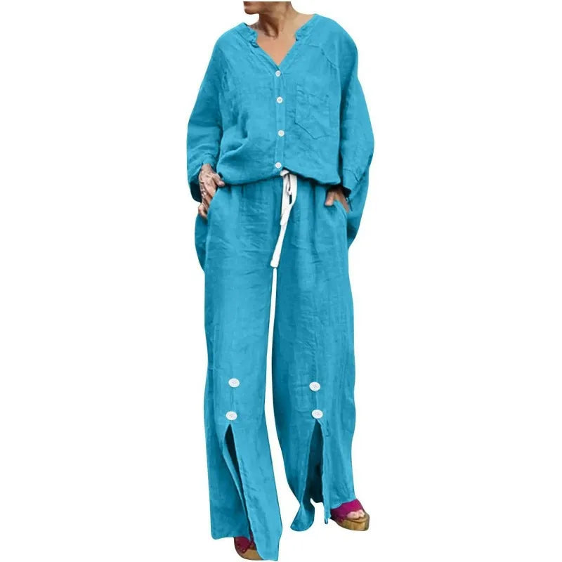 WW | Cardigan and Wide Leg Trousers Set Relaxed Fit V-Neck Soft Cotton Blend