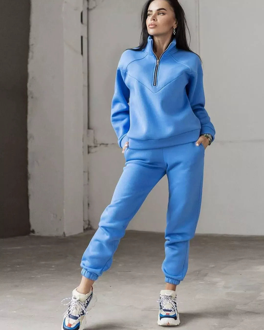 WW | Loungewear Satz Fleece Lockere Passform Kapuzenpullover mit Halbem Reißverschluss Jogginghosen