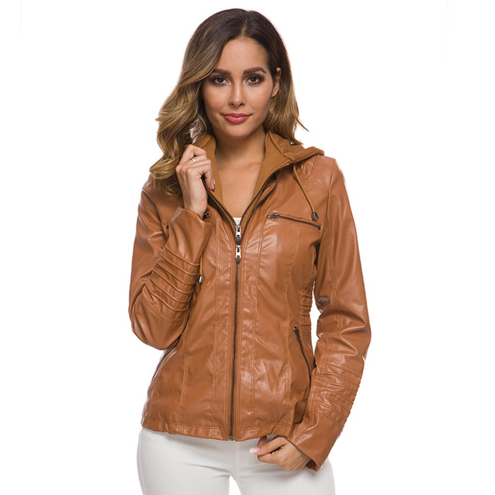 WW | Lederjacke Slim Passform Kapuze Reißverschluss Taschen Steppdetails