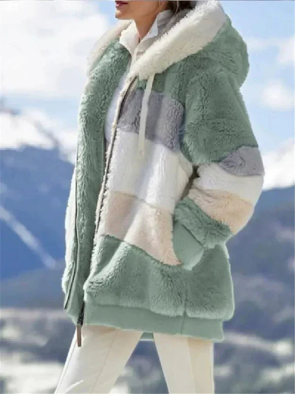 WW | Damen Kapuzenjacke – Oversized Passform – Plüsch Kunstpelz – Reißverschluss vorne – Rippensaum