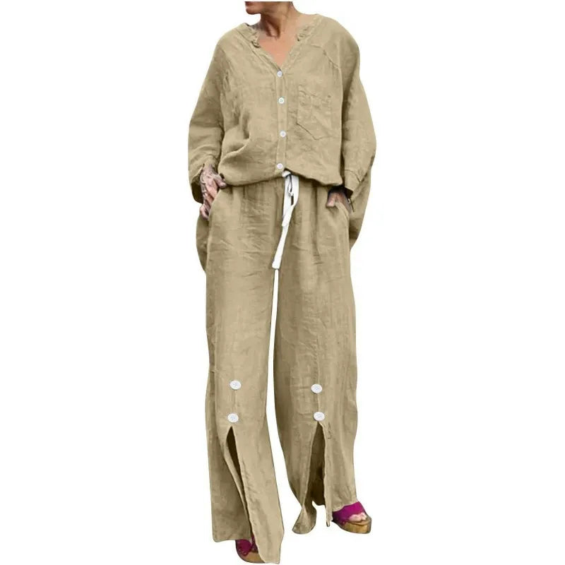 WW | Cardigan and Wide Leg Trousers Set Relaxed Fit V-Neck Soft Cotton Blend