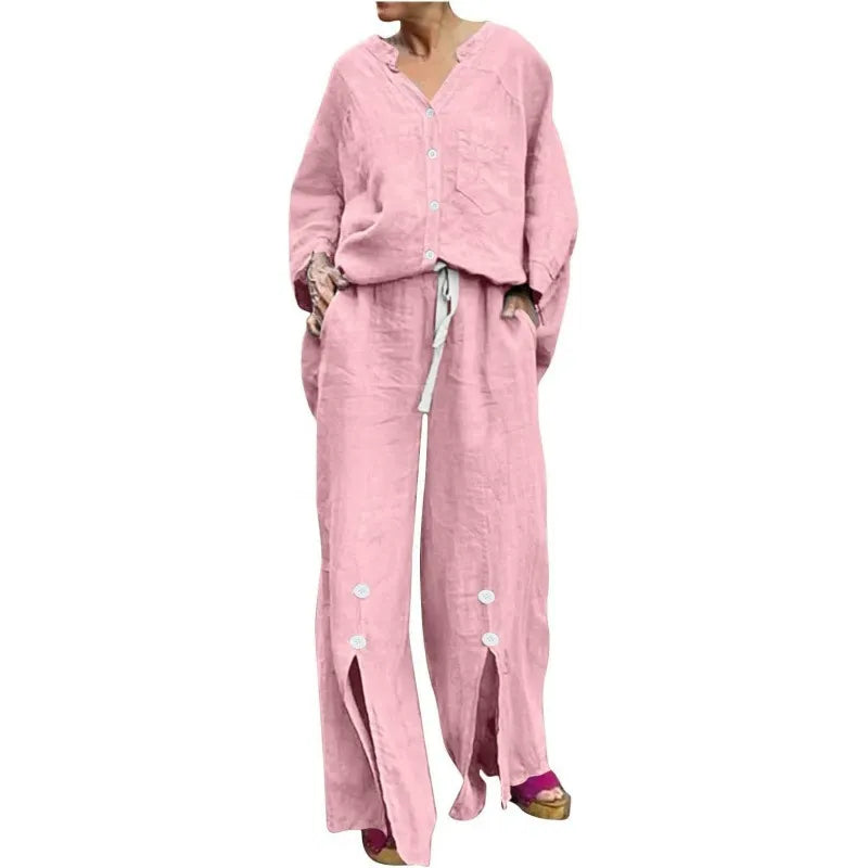 WW | Cardigan and Wide Leg Trousers Set Relaxed Fit V-Neck Soft Cotton Blend