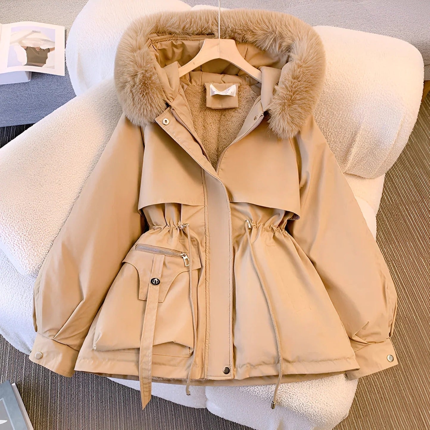WW | Midi-length Close-fitting Faux fur hood Puffed sleeves Drawstring waist