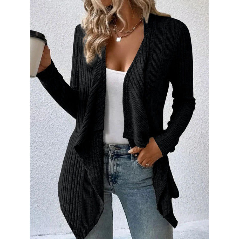 WW | Cardigan Wool Blend Relaxed Fit Rib Knit Open Draped Front