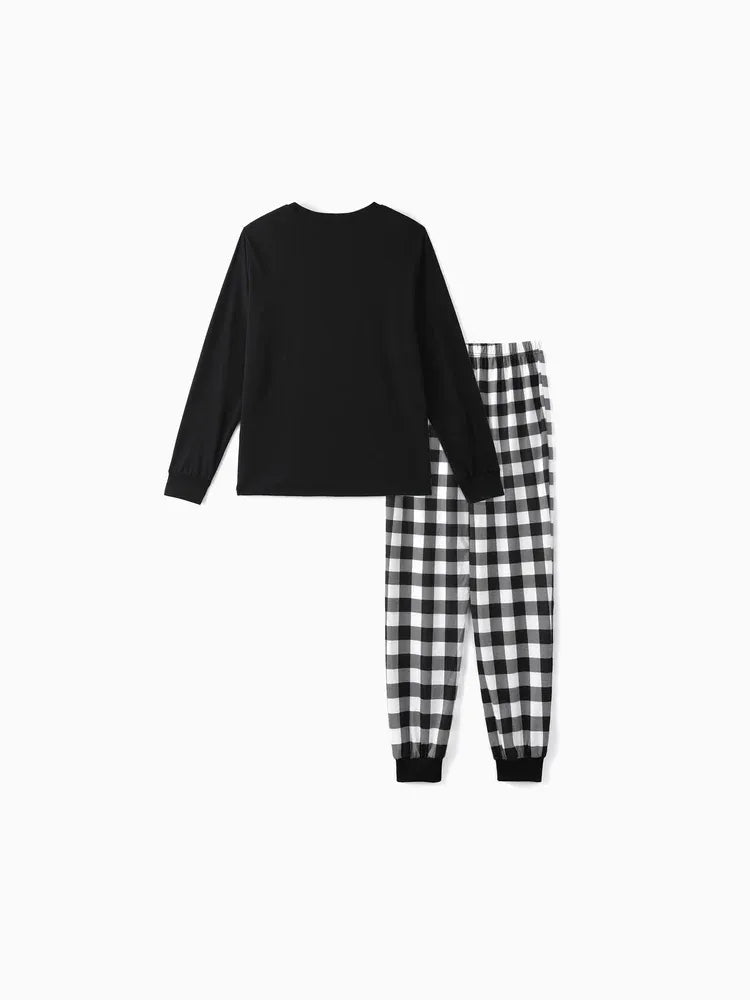 WW | Family Christmas 2025 Creating Memories Together Text Print Black Long Sleeve Top with Black and White Plaid Pants Family Matching Pajamas