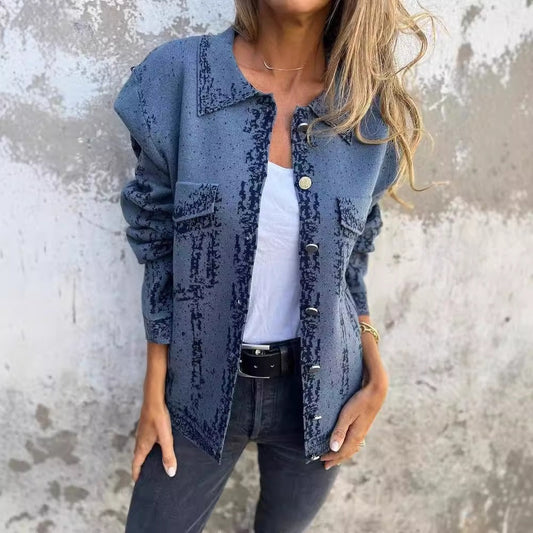 WW | Aus Denim Lockere Passform Patchwork Design Lange Ärmel Knopfverschluss