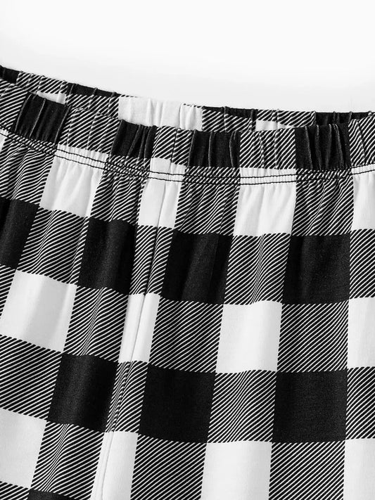 WW | "Family Christmas 2025" Text and Deer Print Black Long Sleeve Top with Black and White Plaid Pants Family Matching Pajamas