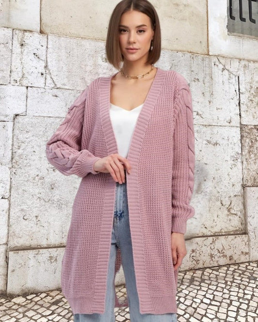 WW | Strickjacke Wolle Übergroß Fit Kabelärmel Langer Offener Front