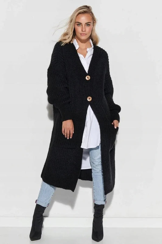 WW | Strickmantel - Oversized Passform - Lange Länge - Knopfverschluss - Große Taschen