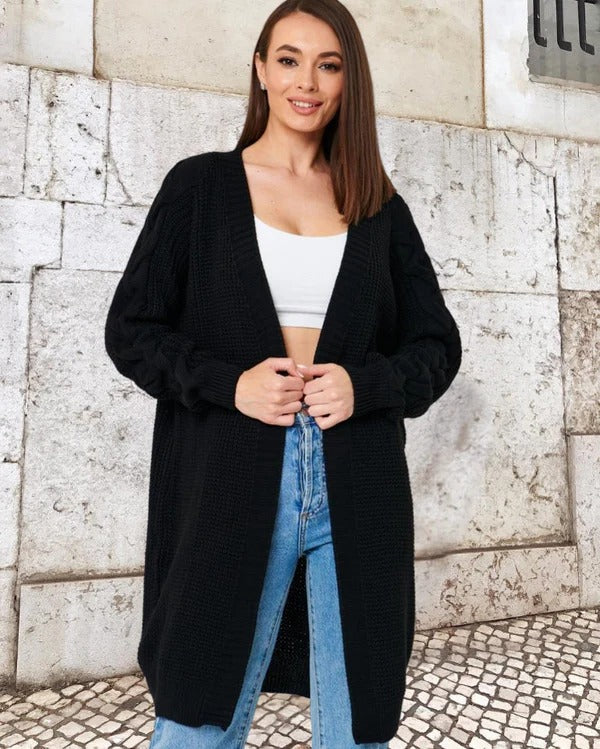 WW | Strickjacke Wolle Übergroß Fit Kabelärmel Langer Offener Front