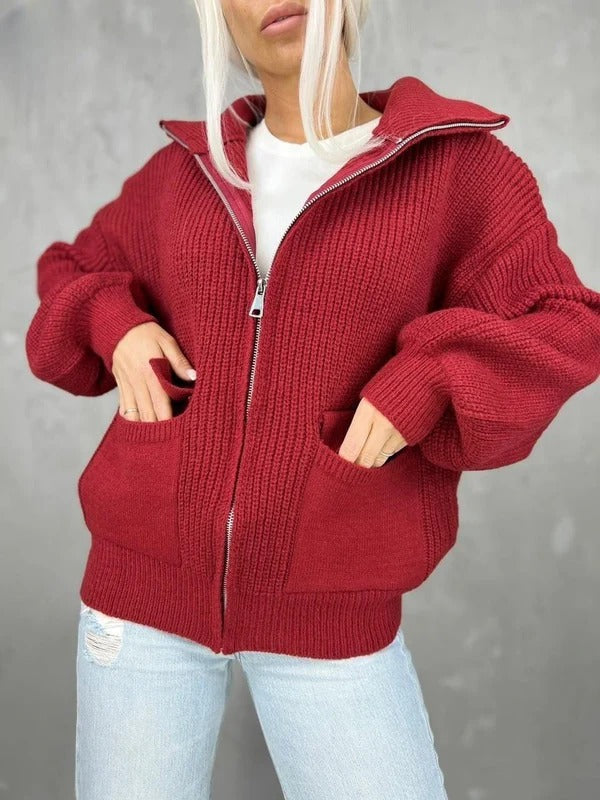 WW | Jacke - Strickstoff - Lockere Passform - Rippstruktur - Reißverschluss - Taschen