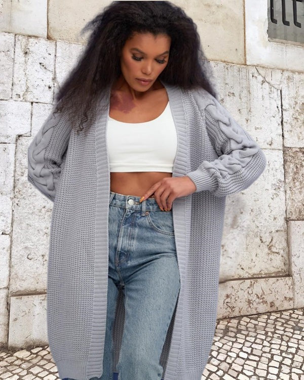 WW | Strickjacke Wolle Übergroß Fit Kabelärmel Langer Offener Front