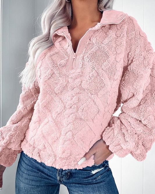 WW | Sweater Faux Fur Relaxed Fit Quilted Texture Half-Zip