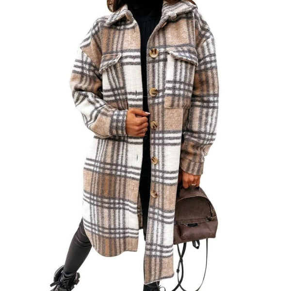 WW | Women's Plaid Jacket – Wool Blend – Oversized Fit – Knee Length – Button Closure