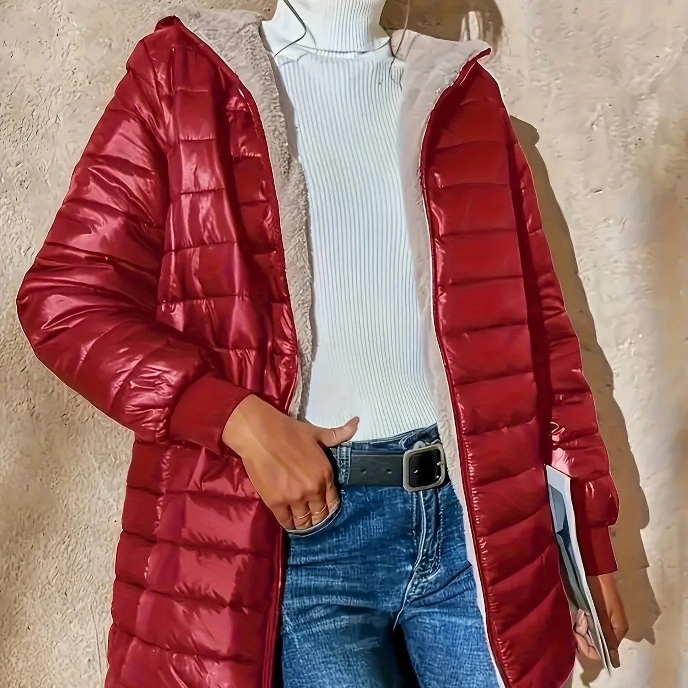 WW | Damen Gequiltete Lange Jacke Lockere Passform