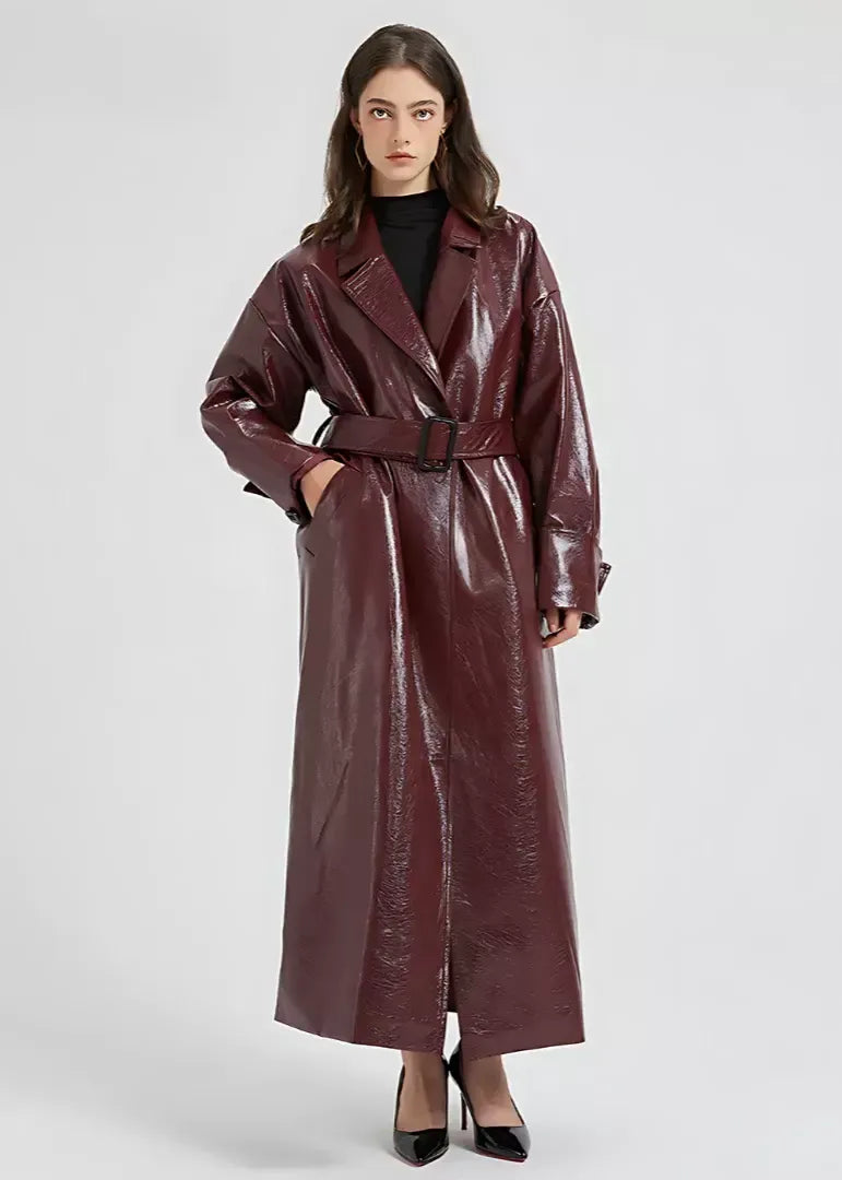 WW | Trench Coat Plain Vegan Leather Slim Fit Ankle-Length Belt Included