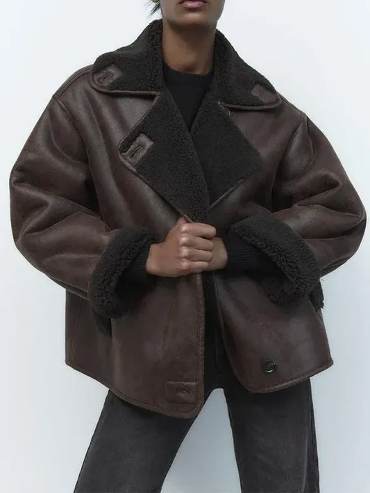 WW | Leather Jacket Oversize Fit Lambswool Collar and Cuffs Hip-Length Vintage Style