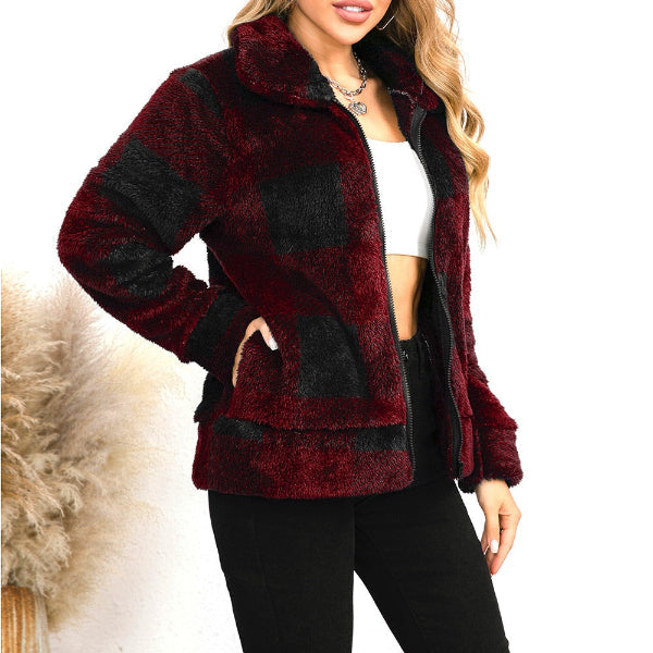 WW | Women's Jacket – Oversized Fit – Faux Fur – Check Pattern – Front Zip – Collared