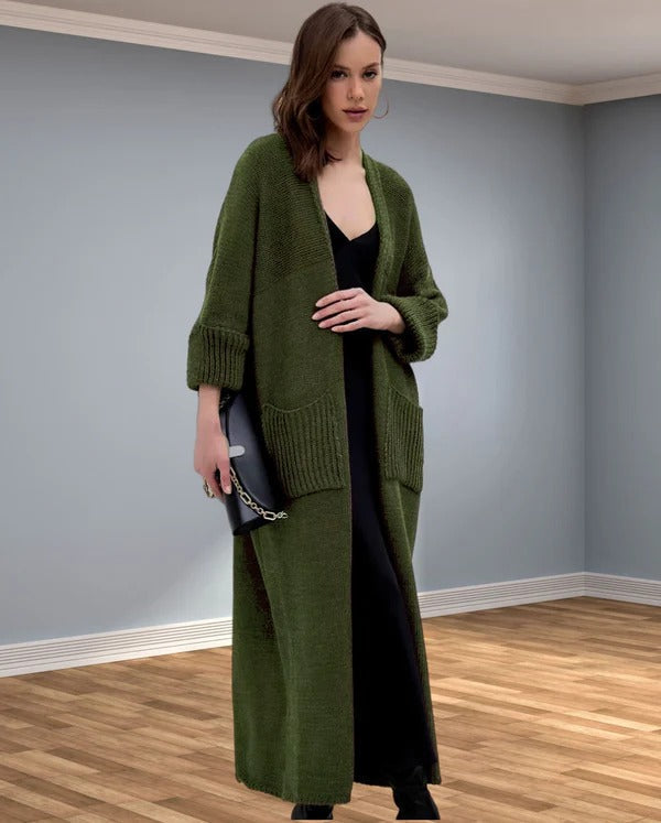 WW | Strickjacke Übergroß Fit Wolle Look V-Ausschnitt Lange Länge Taschen