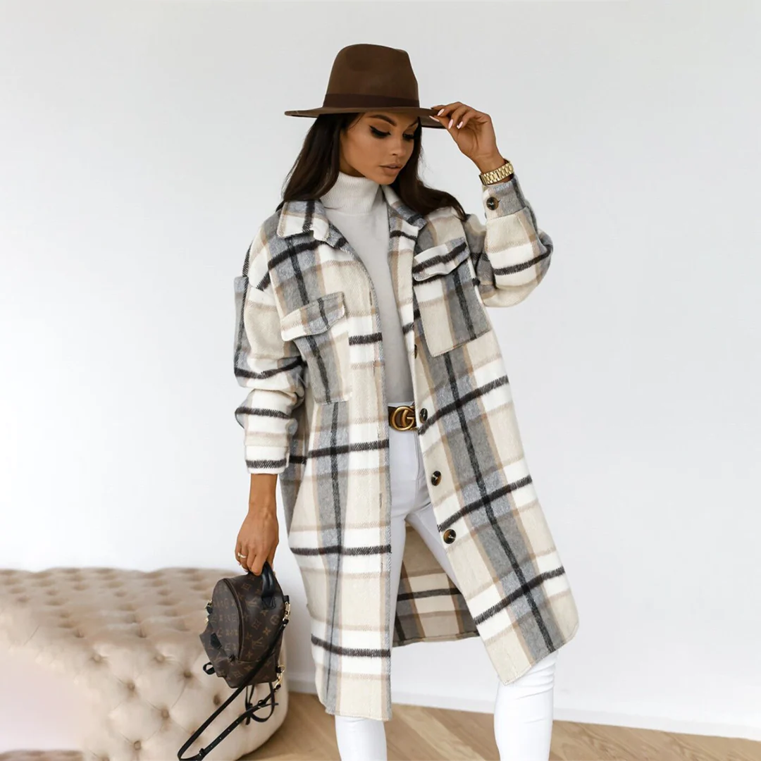 WW | Women's Long Coat – Loose Fit – Plaid Pattern – Wool-like Feel – Full Length
