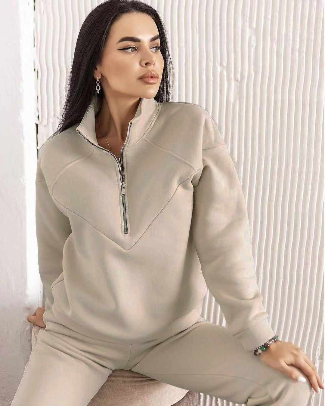 WW | Loungewear Satz Fleece Lockere Passform Kapuzenpullover mit Halbem Reißverschluss Jogginghosen