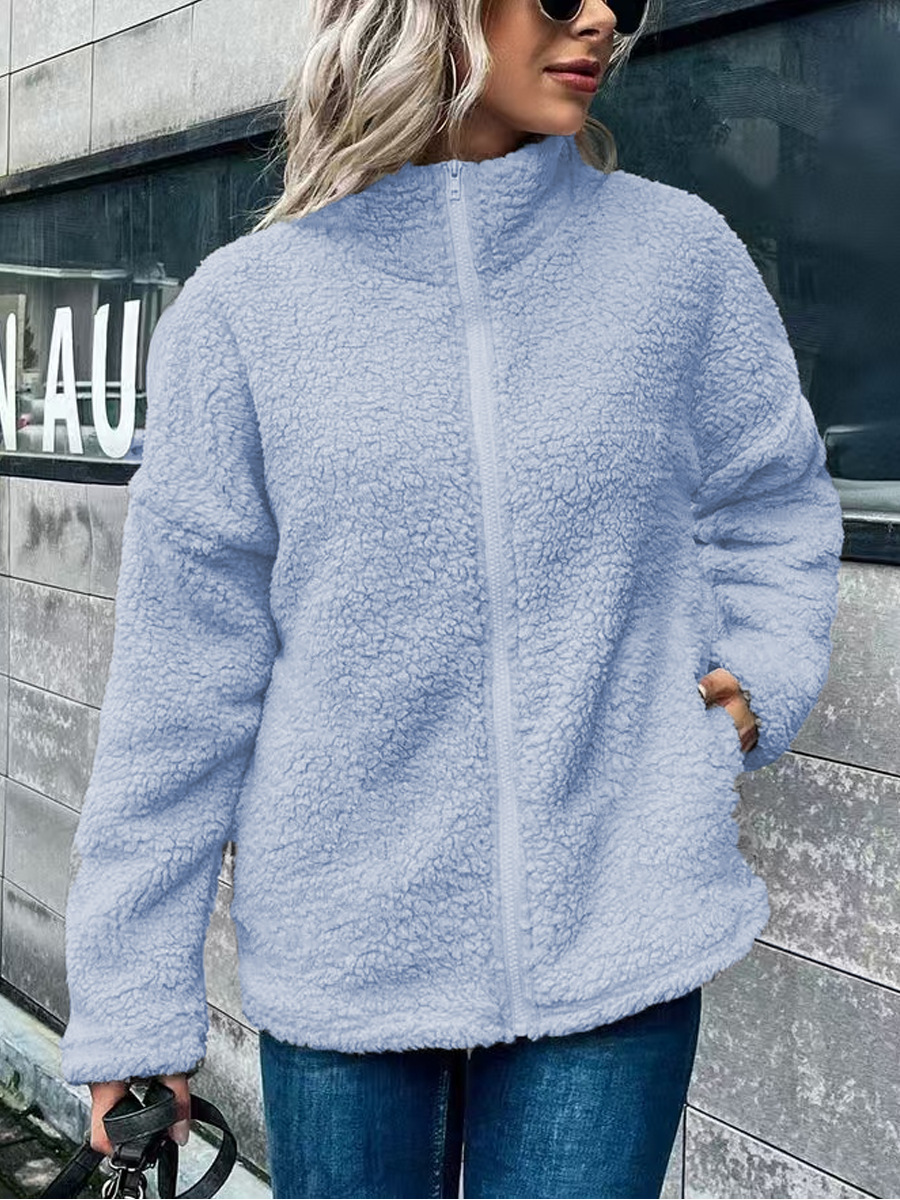 WW | Women's Fleece Coat – Oversized Fit – Wool Blend – Stand-Up Collar – Front Zipper