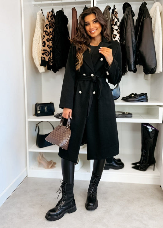 WW | Double Breasted Wool Coat Belted at the Waist Tailored Knee Length