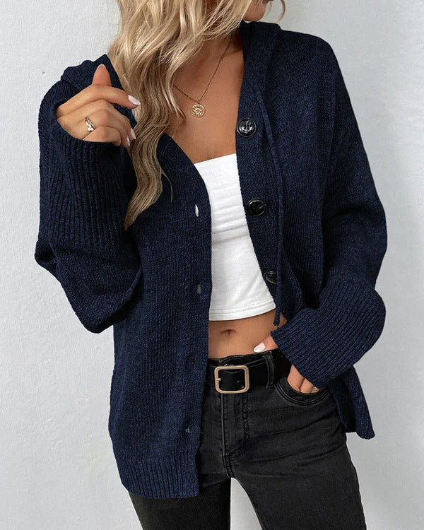 WW | Knitted Cardigan Knit Hood Loose Fit Buttons Ribbed Cuffs