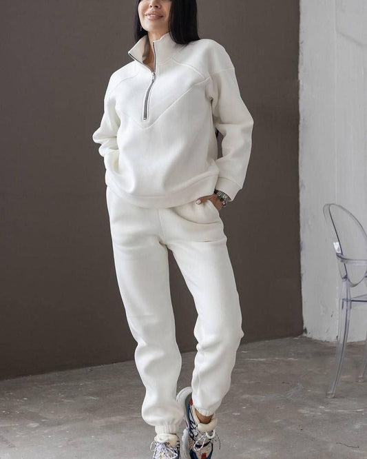 WW | Loungewear Satz Fleece Lockere Passform Kapuzenpullover mit Halbem Reißverschluss Jogginghosen