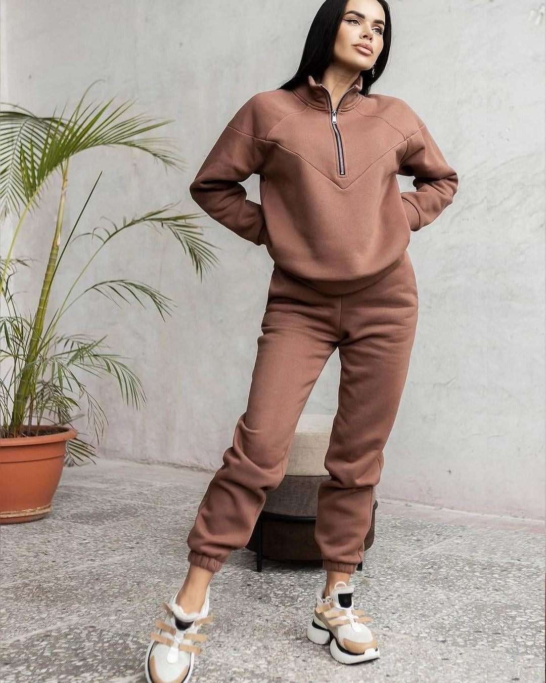 WW | Loungewear Satz Fleece Lockere Passform Kapuzenpullover mit Halbem Reißverschluss Jogginghosen
