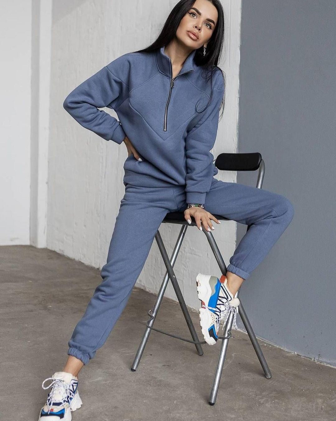 WW | Loungewear Satz Fleece Lockere Passform Kapuzenpullover mit Halbem Reißverschluss Jogginghosen