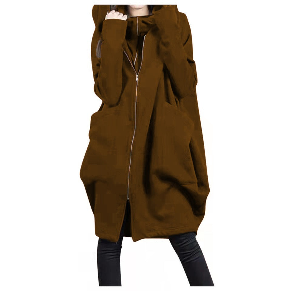 WW | Mid Length Coat Oversized Fit Hood Zip Soft Fabric Casual