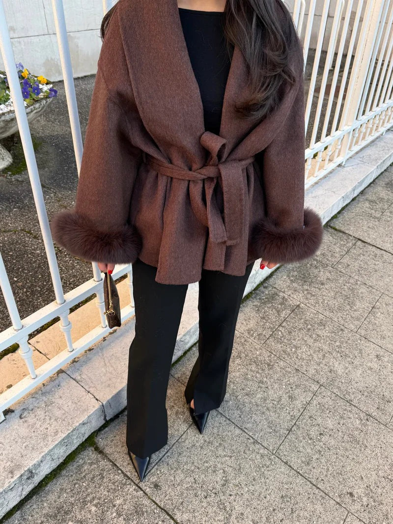 WW | Wool coat with belt and faux fur cuffs Elegant short wrap jacket