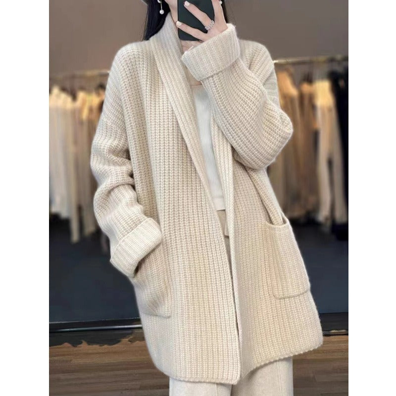 WW | Plus Size Cardigan Loose Knit Shawl Collar Long Style with Pockets