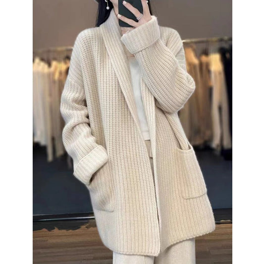 WW | Strickjacke Übergröße Passform Grobstrick Schal Kragen Langes Modell mit Taschen