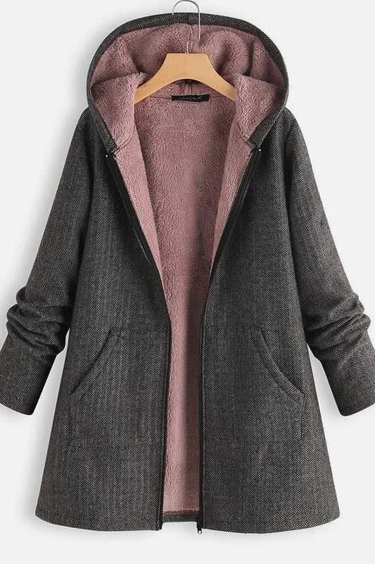 WW | Mantel mit Kapuze - Oversized Fit - Fleece-Futter - Reißverschluss - Mittellang Casual