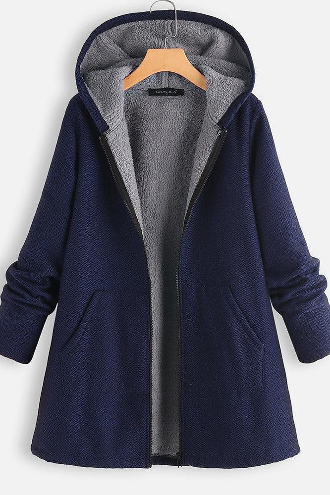WW | Mantel mit Kapuze - Oversized Fit - Fleece-Futter - Reißverschluss - Mittellang Casual