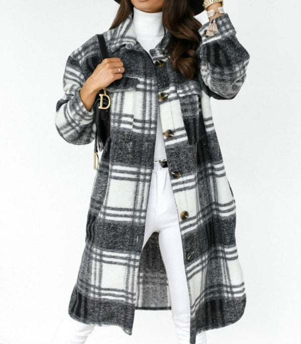 WW | Women's Plaid Jacket – Wool Blend – Oversized Fit – Knee Length – Button Closure