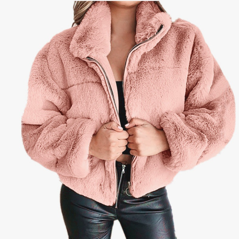 WW | Damen Kunstpelzmantel – Oversized Schnitt – Kurze Länge – Reißverschluss vorne – Hoher Kragen