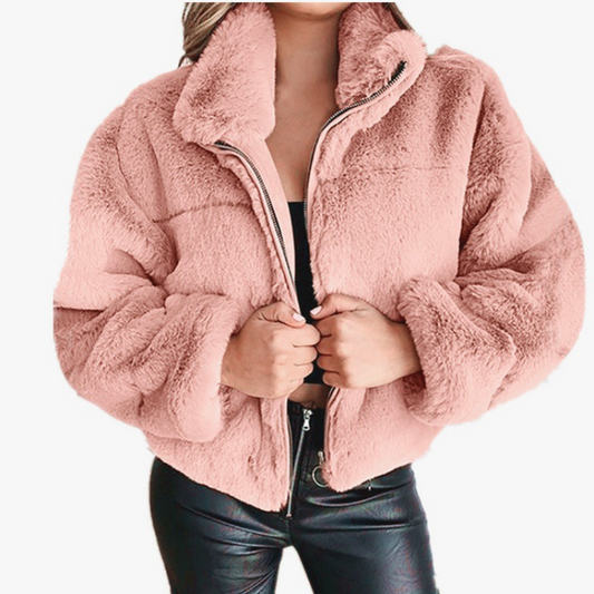 WW | Women's Faux Fur Coat – Oversized Fit – Short Length – Front Zip Closure – High Collar
