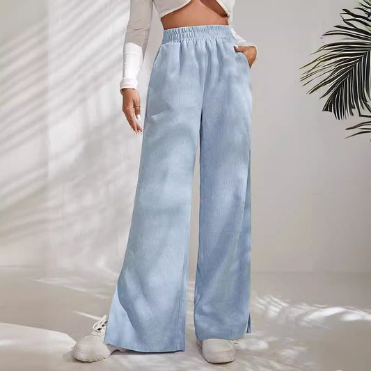 WW | Wide Leg Cord High Waist Elastic Waist Slit Hem
